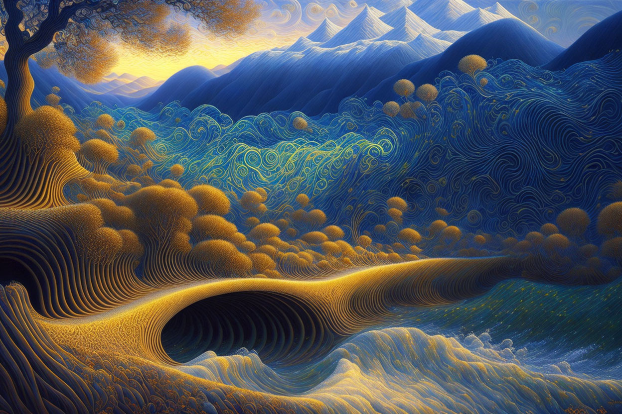 Surreal landscape with swirling patterns, undulating hills, lush trees, and distant mountains