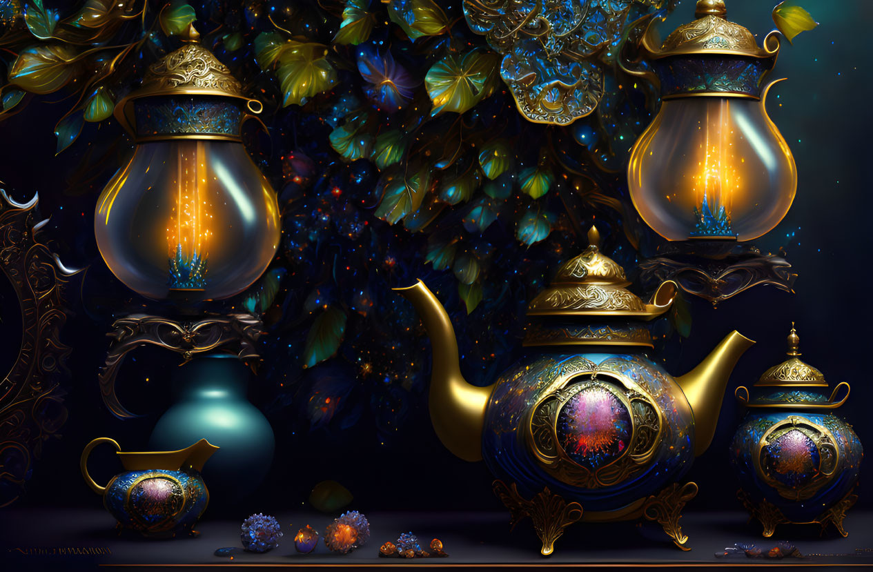 Dark mystical scene with ornate golden lanterns, teapot, iridescent foliage, and intricate