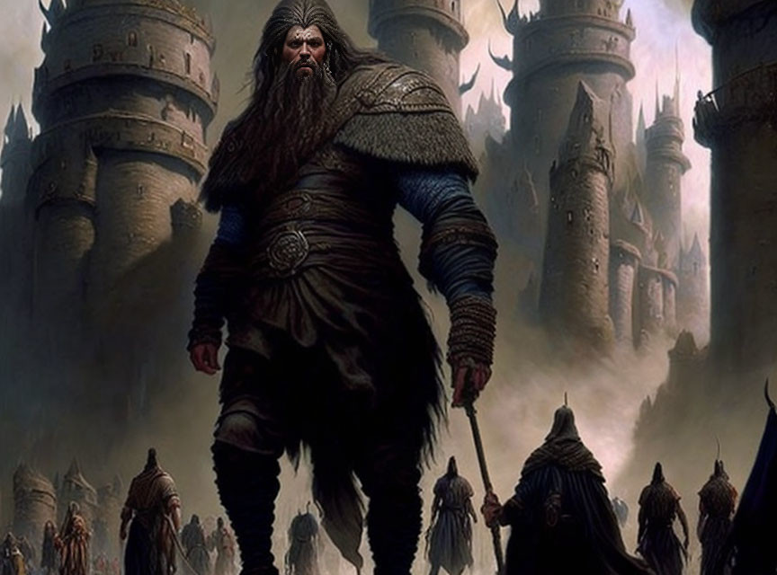 Fantasy warrior with staff in front of ancient castle and cloaked figures