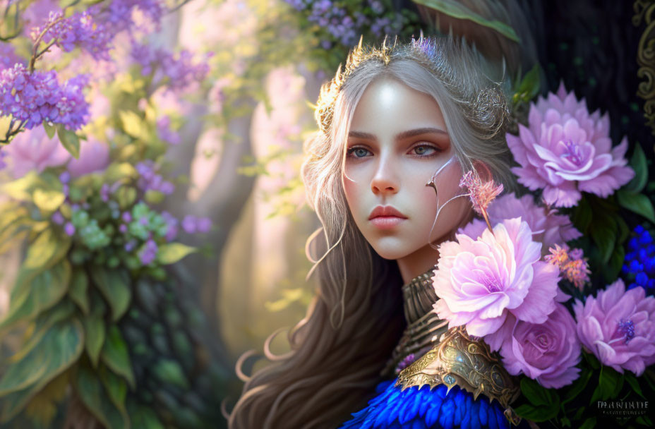 Digital artwork: Fair-skinned woman with long brown hair and floral crown in lilac blooms, set