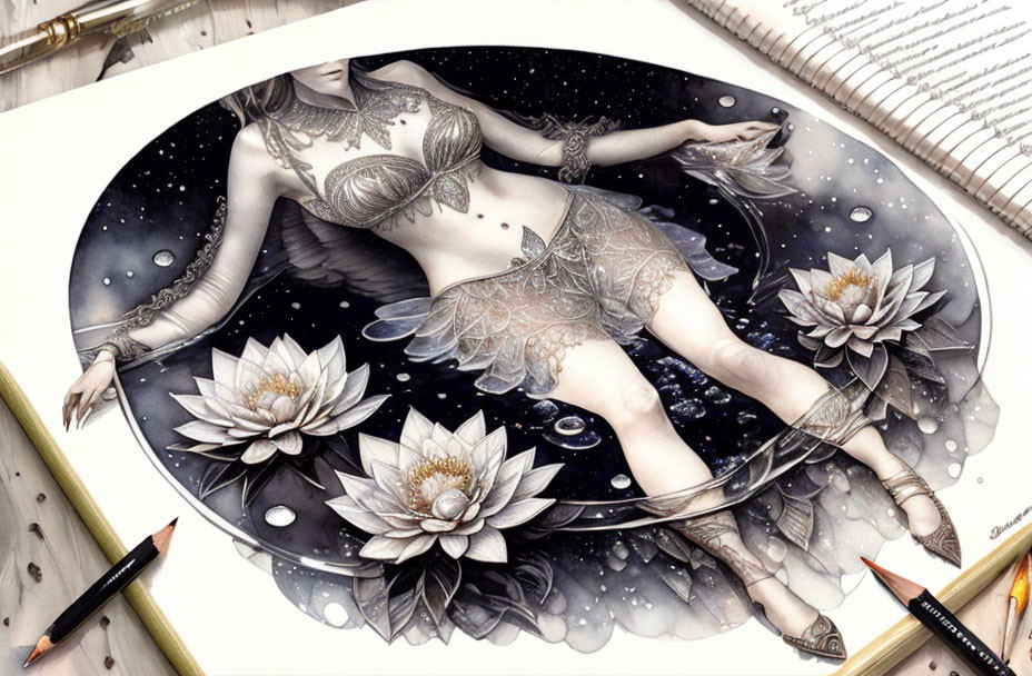 Monochrome woman surrounded by cosmic motifs and lotus flowers on desk with pencils