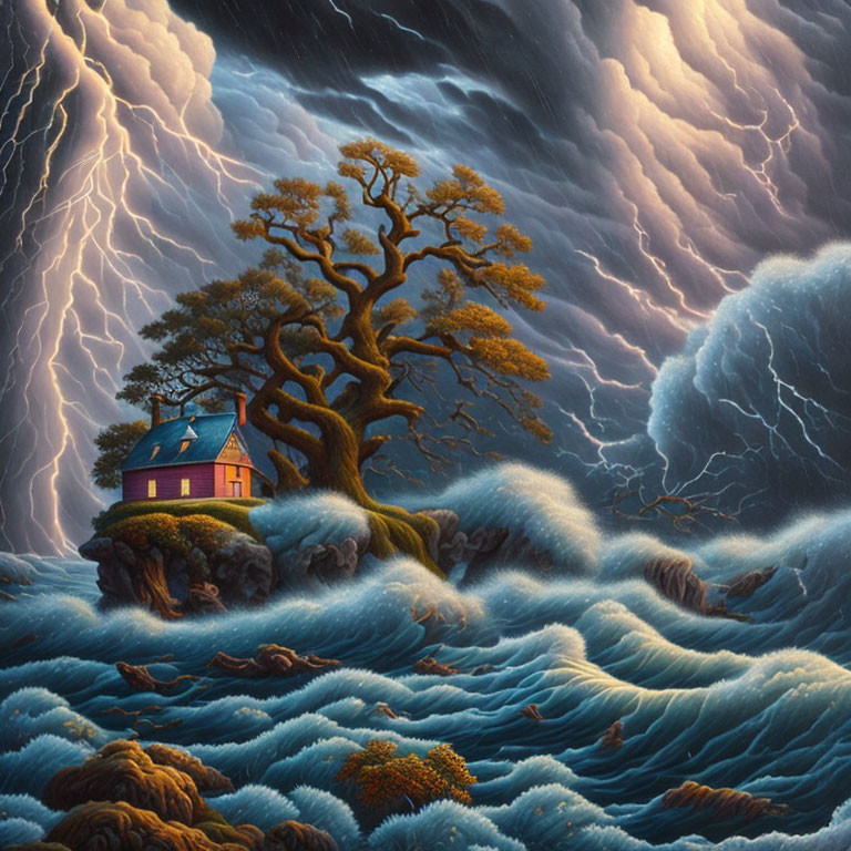 Surreal painting of solitary house amid stormy waves