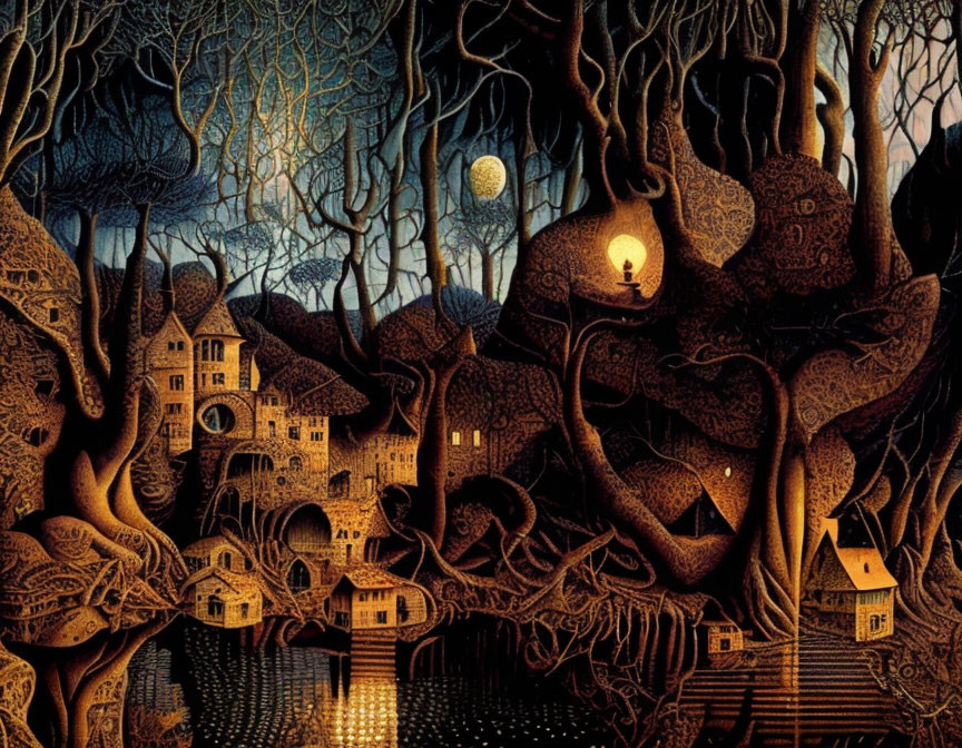 Detailed Night-time Scene with Whimsical Trees, Houses, Lamppost, Full Moon, and