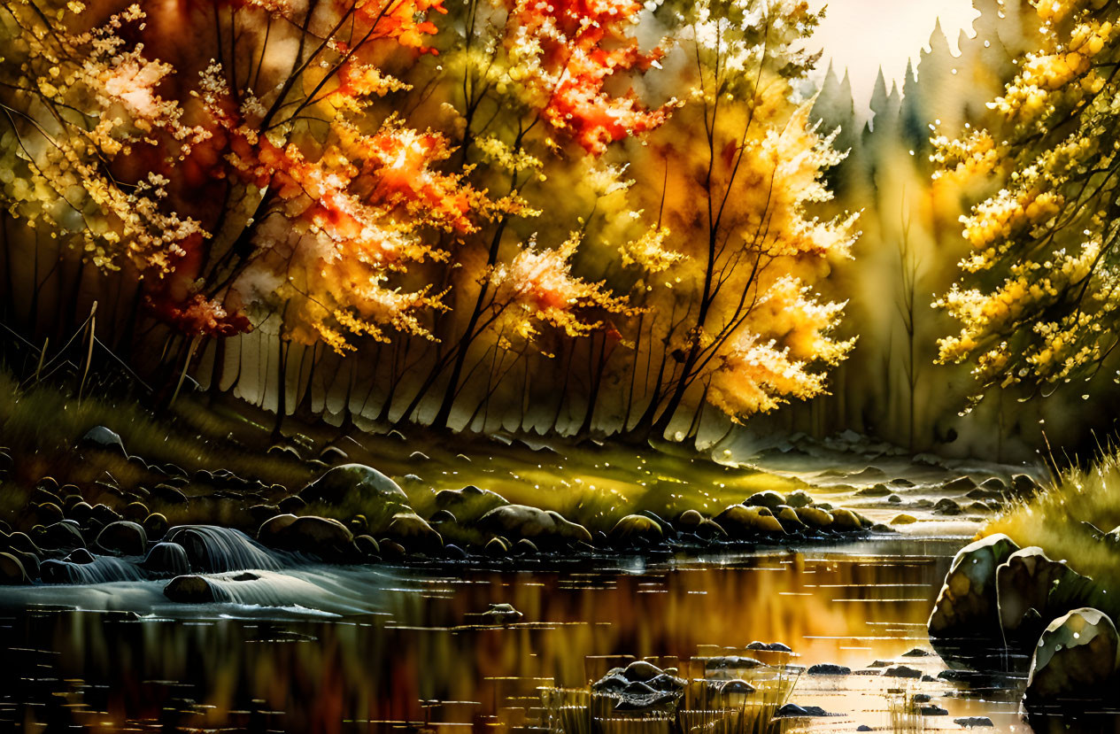 Tranquil autumn forest scene with stream and sunlight reflections