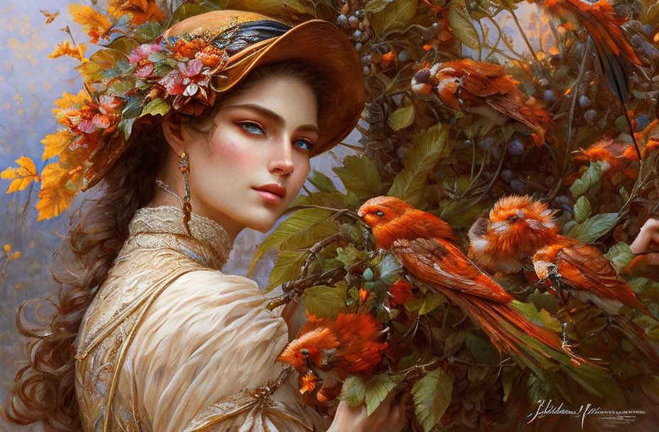 Woman in autumn hat with leaves and berries, surrounded by red-orange birds