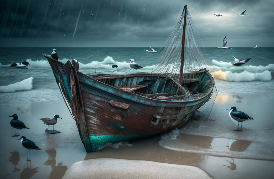 Weathered wooden boat on rainy beach with seagulls, turbulent waves, and gloomy sky