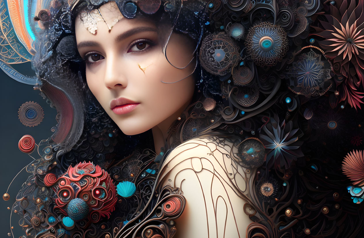 Digital artwork featuring woman with ornate floral patterns and metallic embellishments