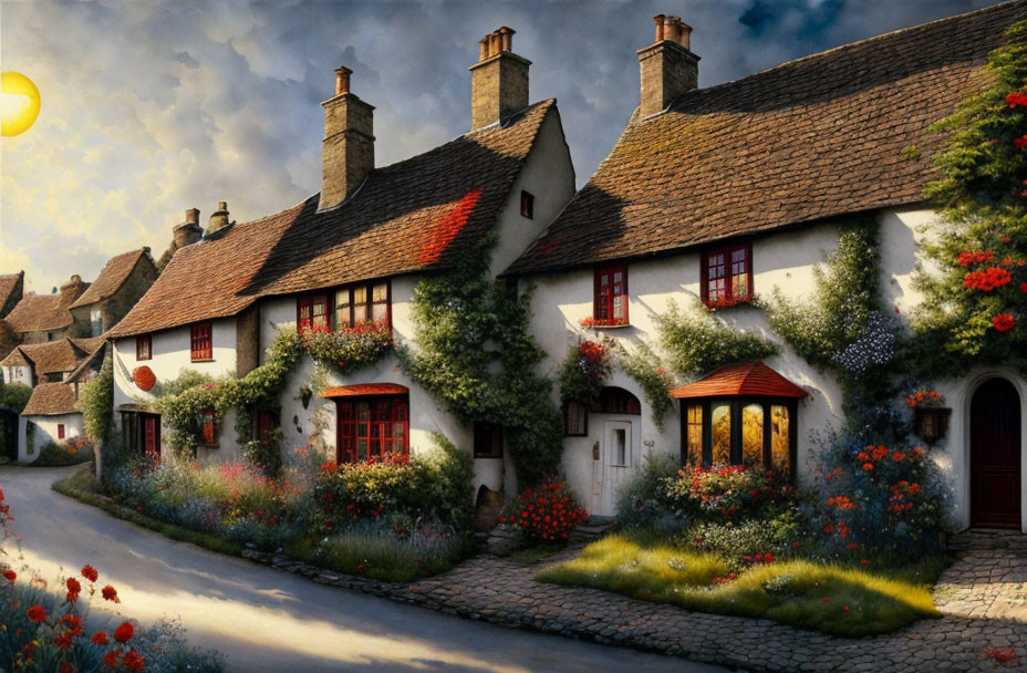 Traditional cottages with colorful flowers on charming street at sunset