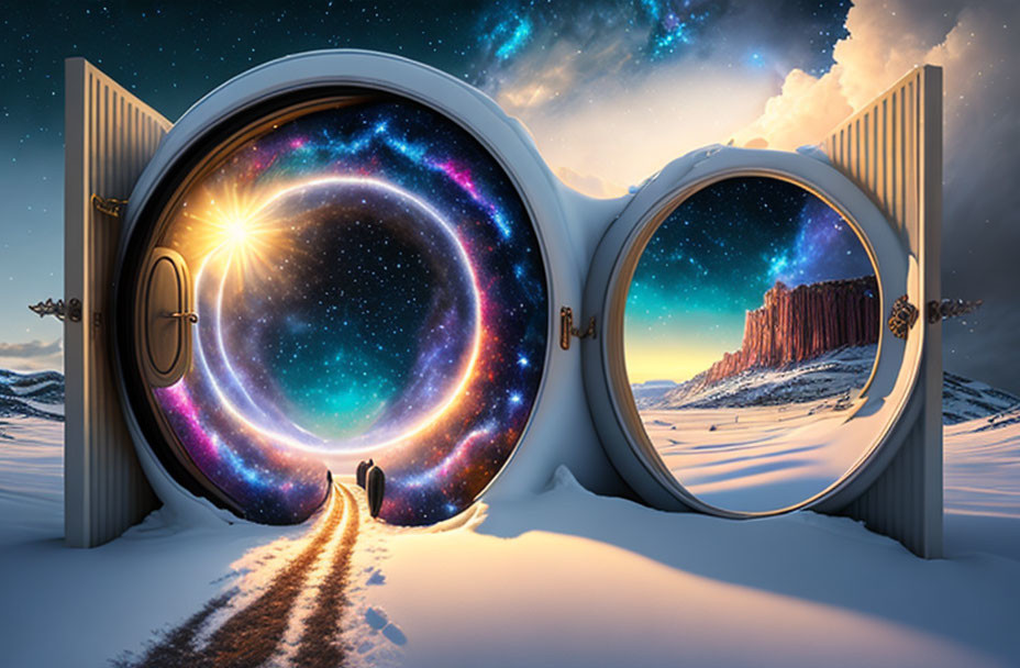 Circular Doors Show Galaxy, Desert, and Snow Scene with Lone Figure