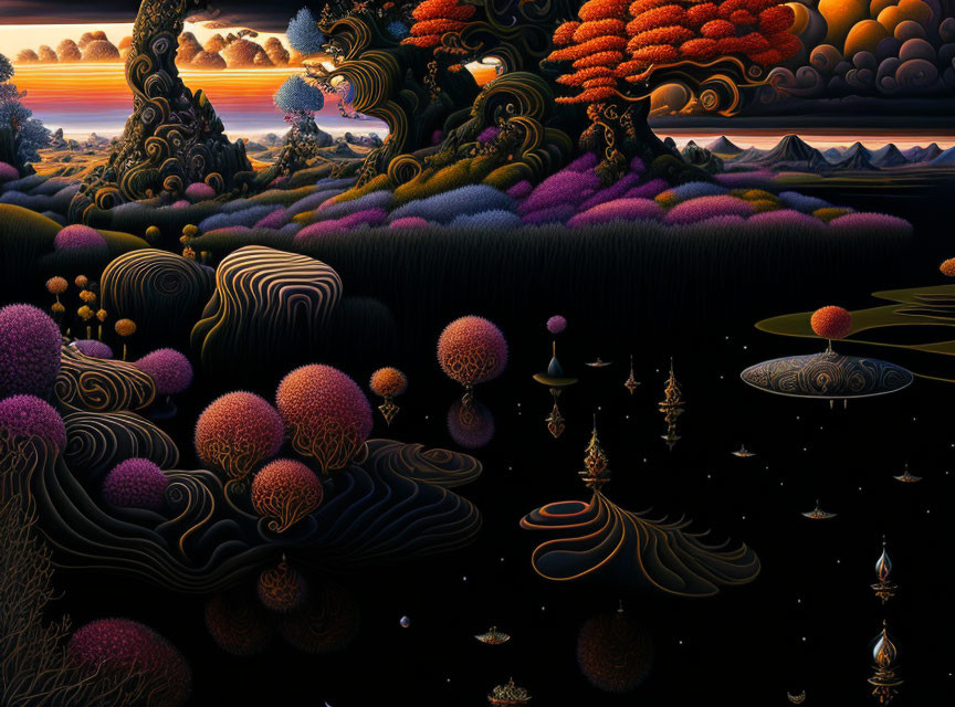 Vibrant surreal landscape with whimsical trees and floating orbs