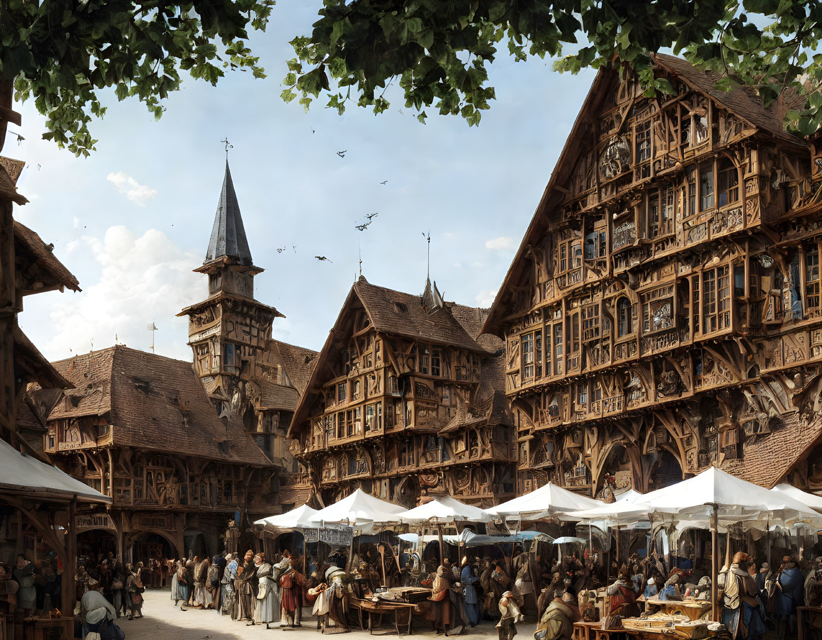 Medieval town square with vendors, townsfolk, and birds under clear sky