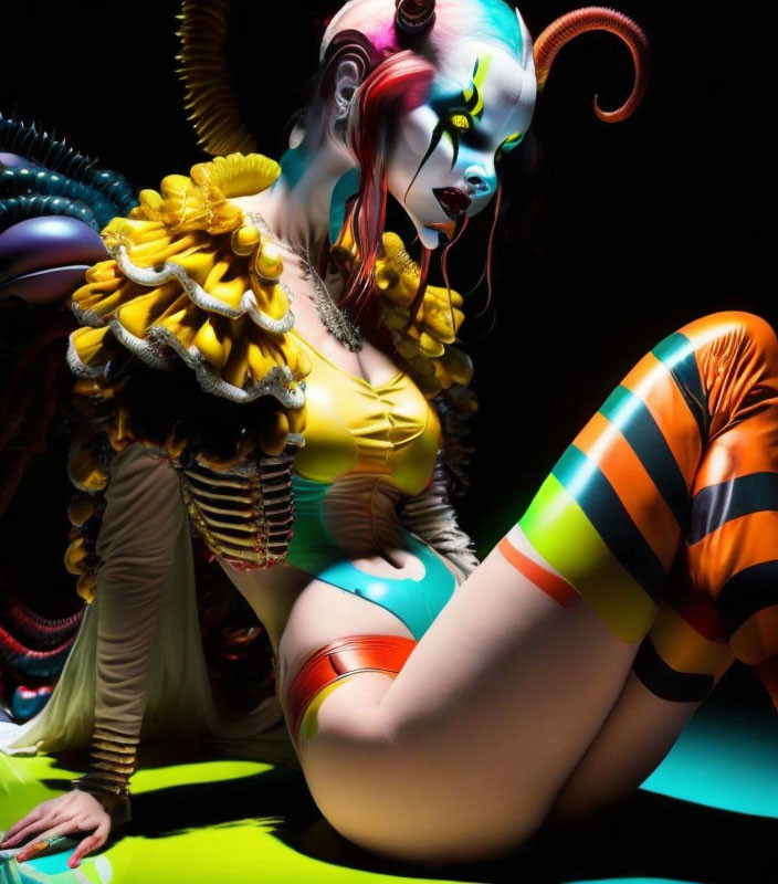 Vibrant body paint and costume with bright colors and intricate designs