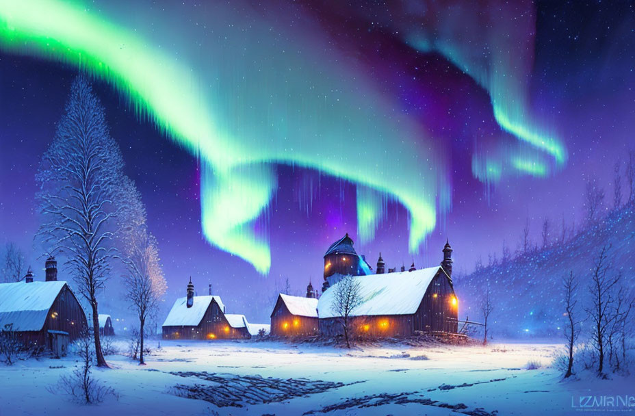 Snow-covered houses and trees under Northern Lights