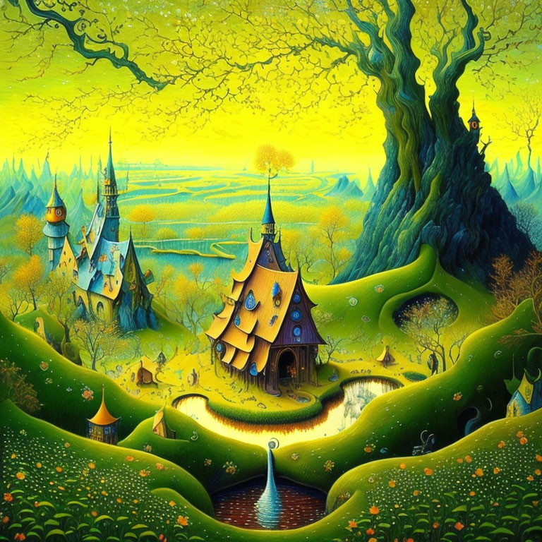 Exaggerated green hills, tree, castles in whimsical landscape