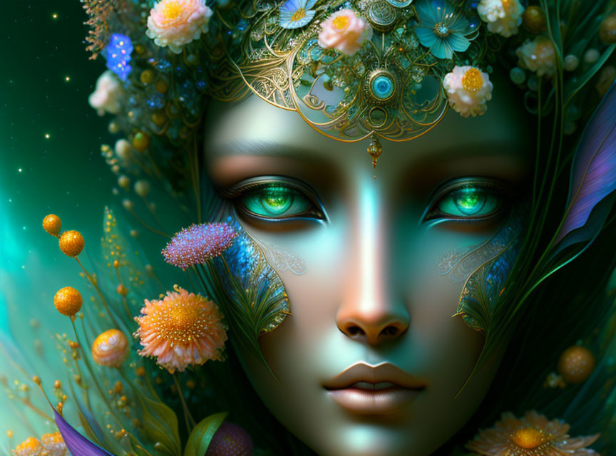 Fantasy illustration: Woman with jewel-toned skin and golden headpiece in whimsical flora.