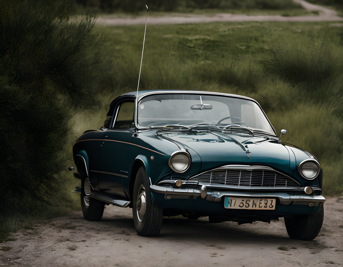 Vintage dark green car with chrome details on gravel road surrounded by nature