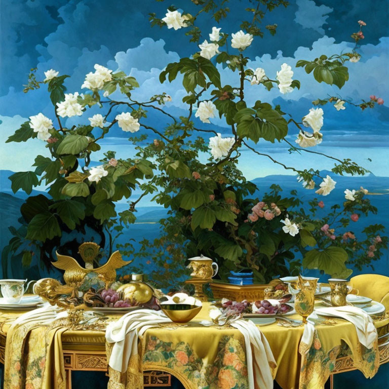 Luxurious table setting with fine china, gold utensils, fruit bowls, lush bush, serene lake