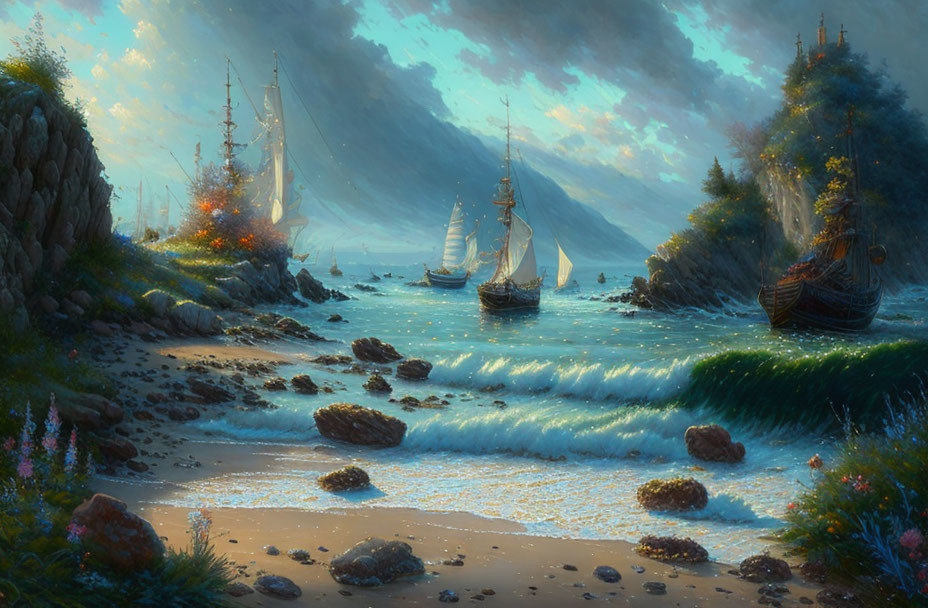 Ships anchored in serene coastal scene with golden sunlight and lush greenery