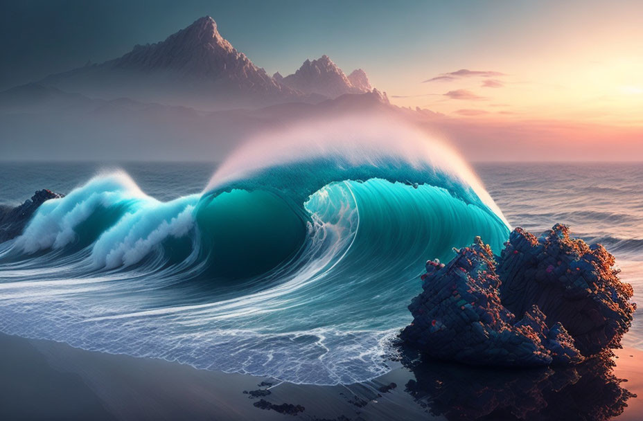 Majestic seascape with turquoise wave, misty mountains, and warm sunset glow