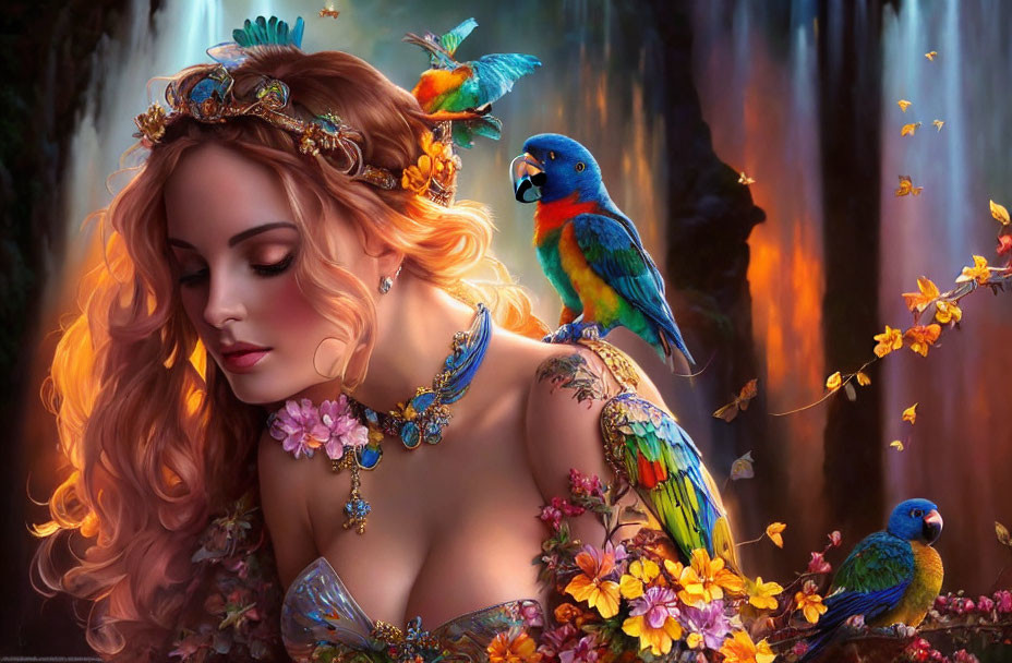 Woman with floral crown, birds, flowers, and waterfall portrait.