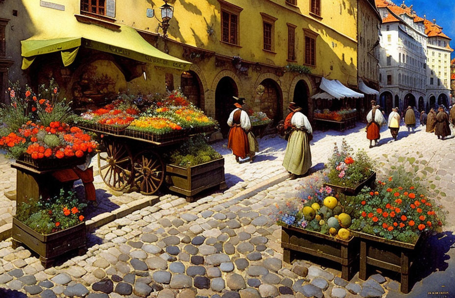 Colorful Flower and Fruit Market on Cobblestone Street in Period Setting