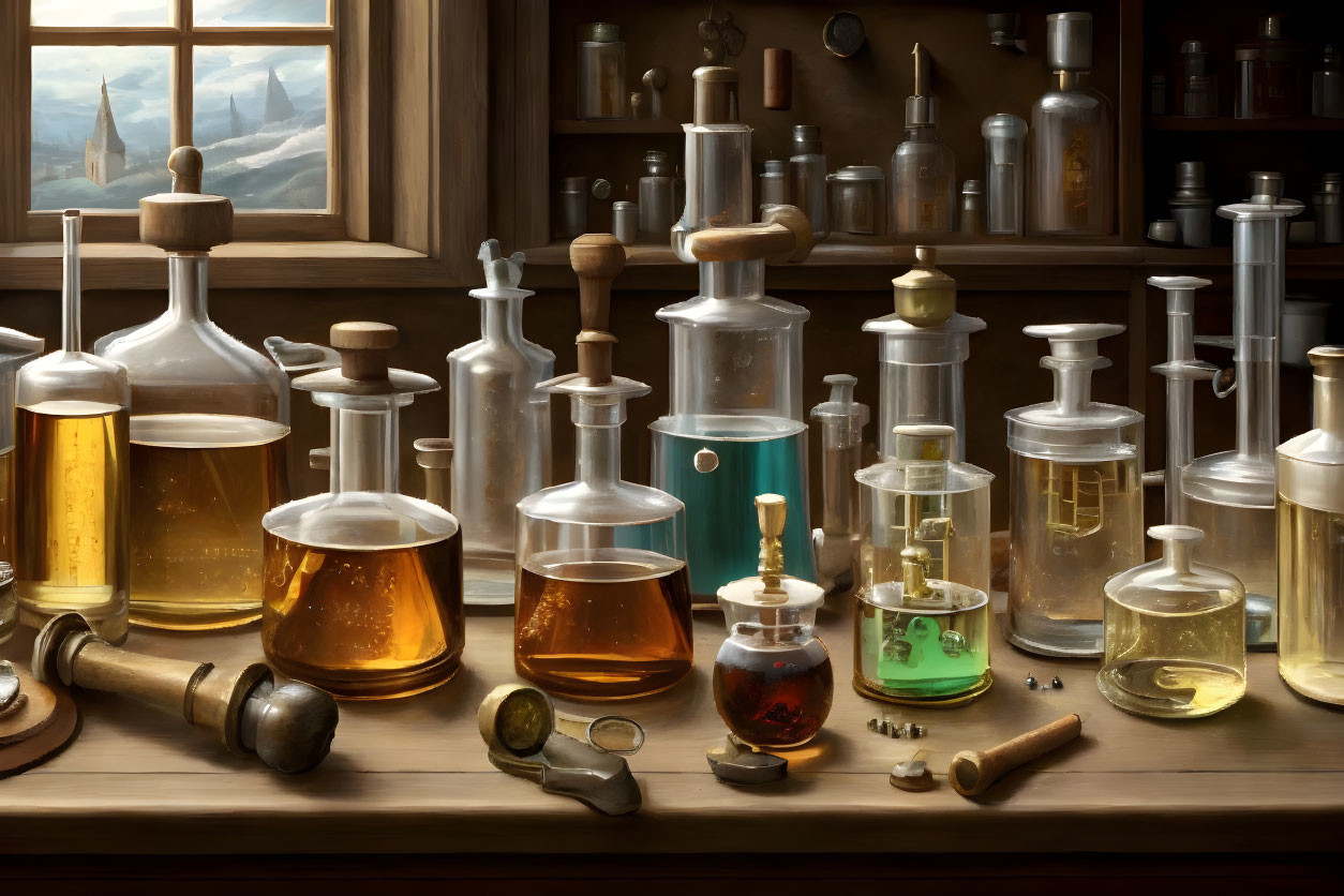 Colorful glass bottles on wooden table in alchemist's laboratory