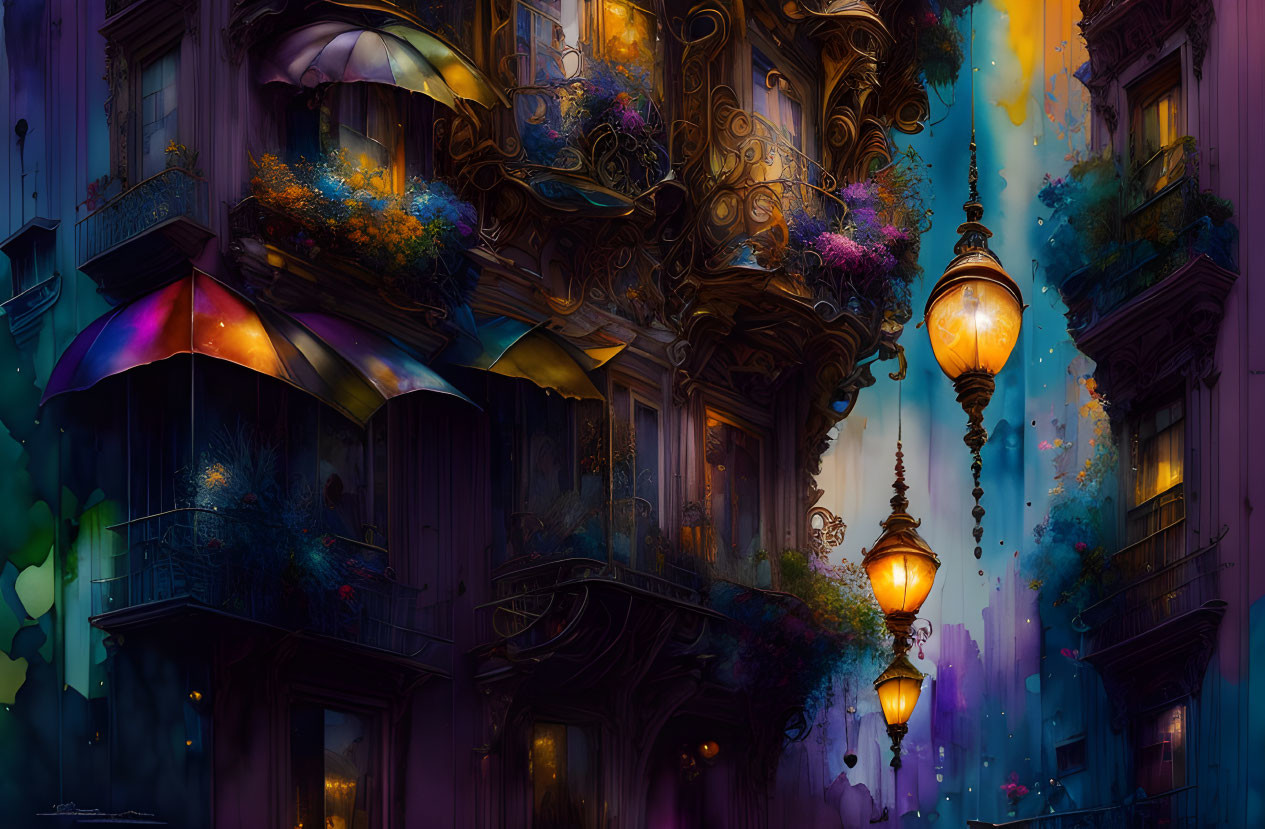 Ornate night scene with glowing lanterns, floating balloons, and vibrant flowers