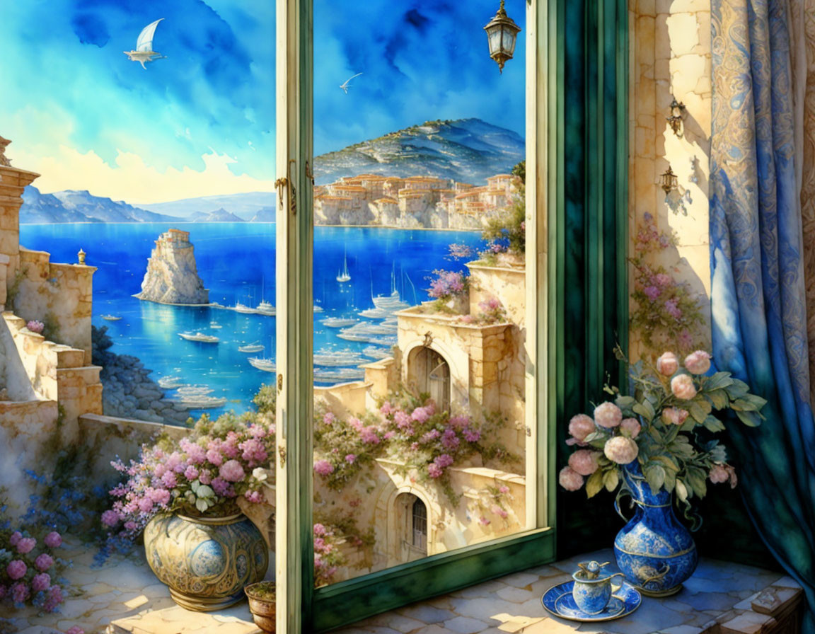 Coastal Mediterranean scene with boats and architecture viewed through open window