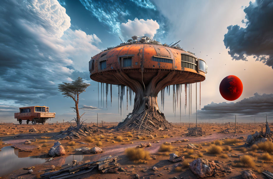 Futuristic habitat on tree in desert with red planet and abandoned bus