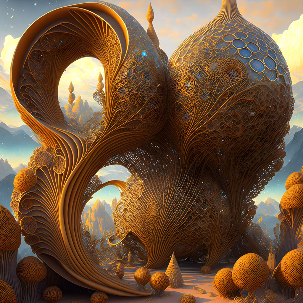 Intricate 3D fractal landscape with organic shapes and spheres in warm tones