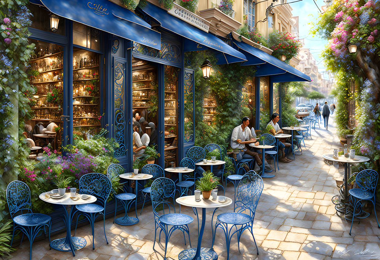 Outdoor dining at charming street cafe with blooming flowers and vintage blue furniture