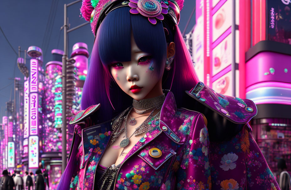 Futuristic cyberpunk woman with blue hair and neon cityscape.