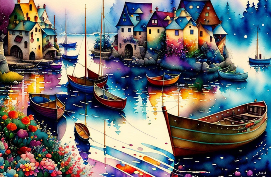 Colorful Watercolor Painting: Seaside Village, Colorful Houses, Boats, Starry Night