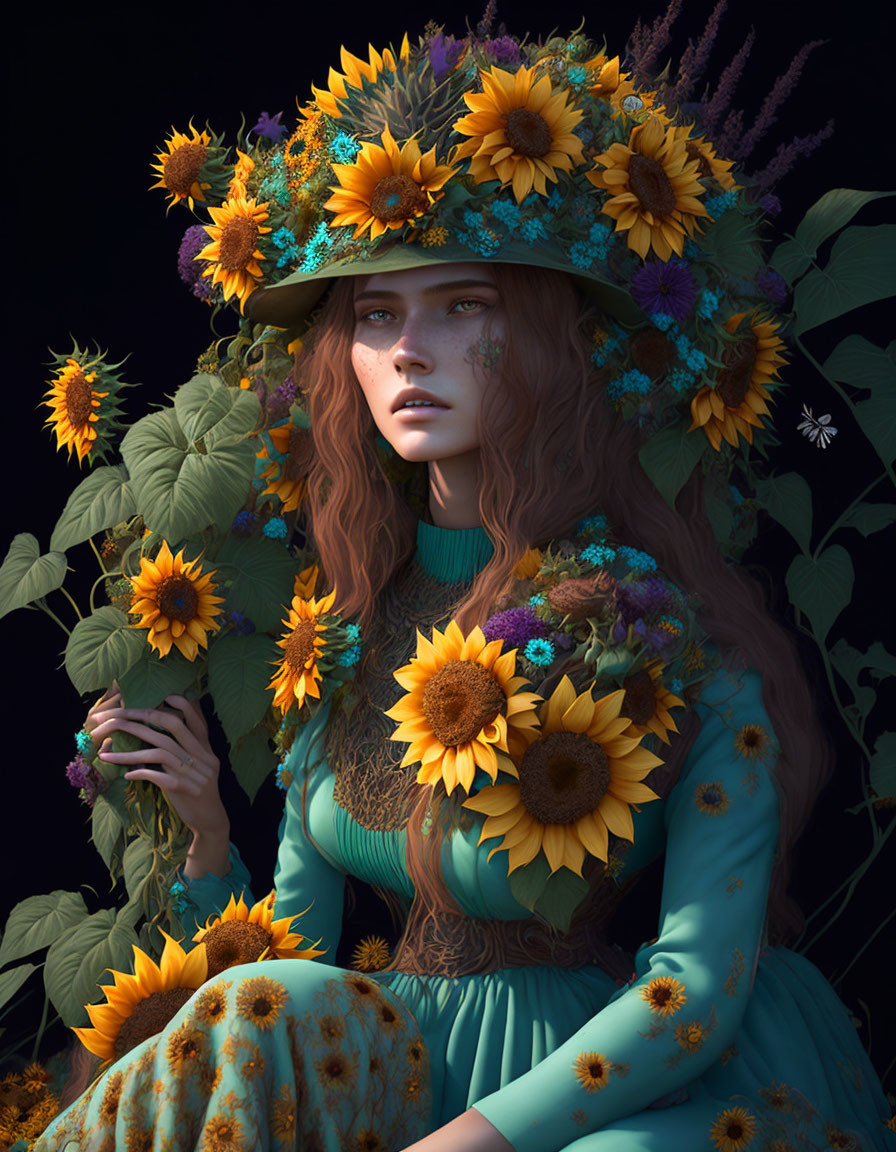 Woman portrait with sunflowers in hair and dress on dark background