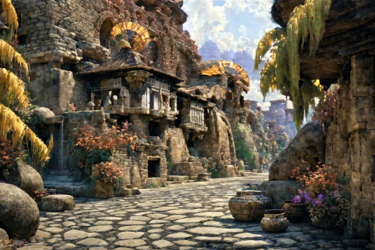 Digital artwork: Ancient cobblestone street with overgrown stone buildings