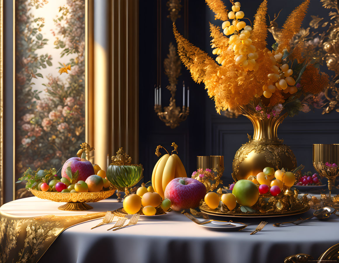 Luxurious dining setup with golden vase, abundant fruit, elegant stemware, cutlery, and