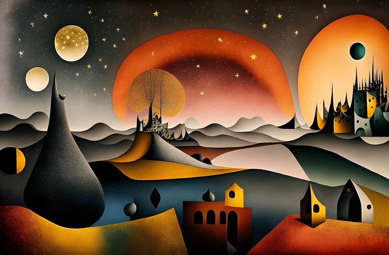 Stylized surreal landscape with whimsical buildings and celestial bodies