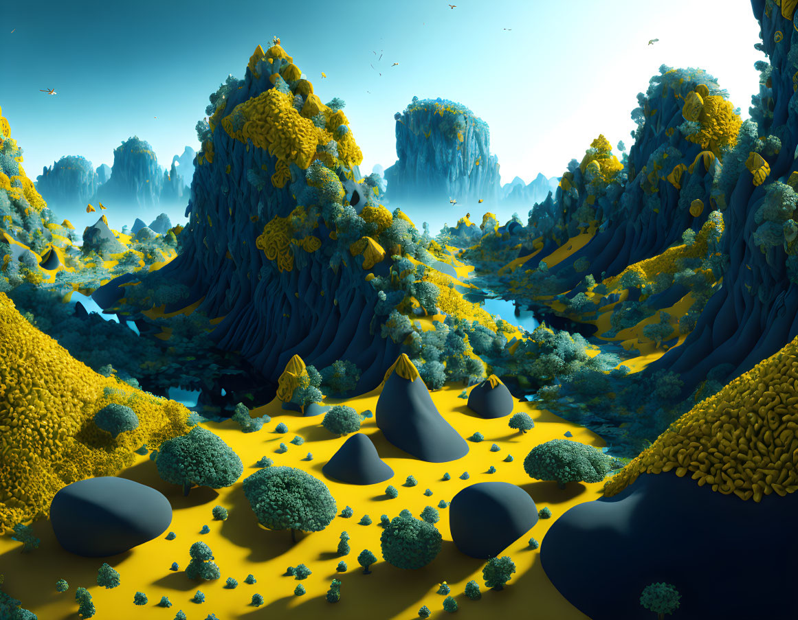 Fantastical landscape with yellow flora, dark mountains, and vibrant blue sky.