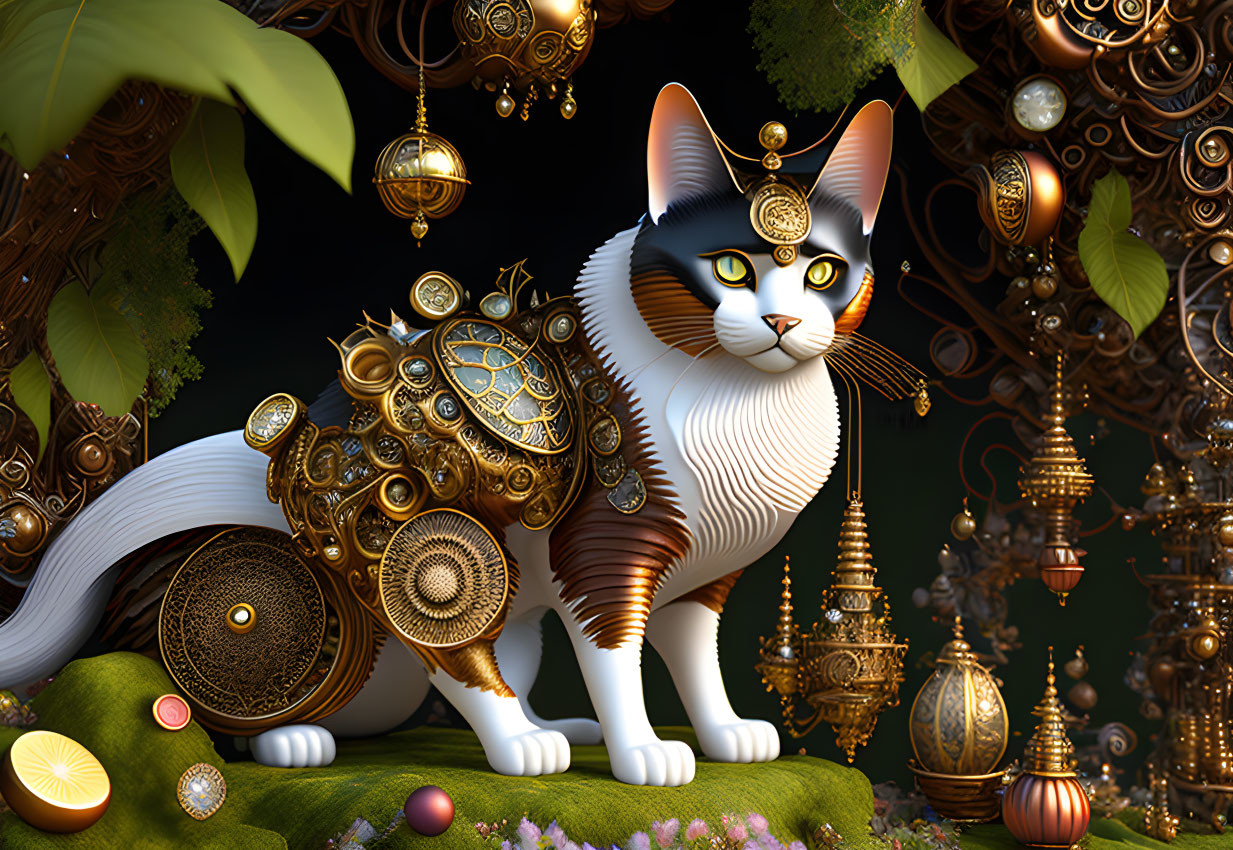 Steampunk-inspired mechanical cat amidst lush foliage and gears