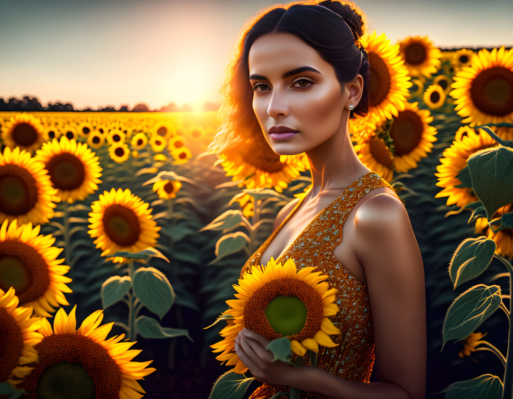 Woman in Glittering Dress Among Sunflowers at Sunset