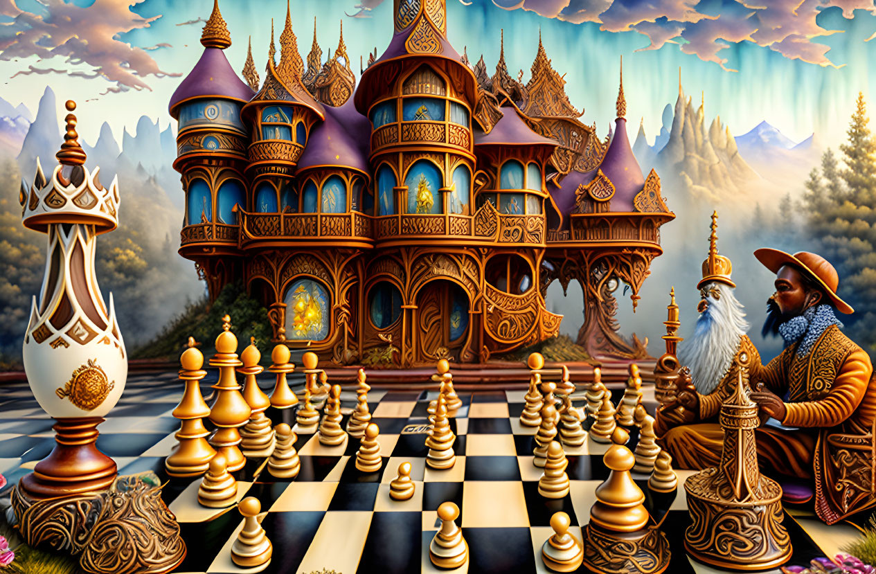 Surreal chessboard with ornate pieces and mystical background.