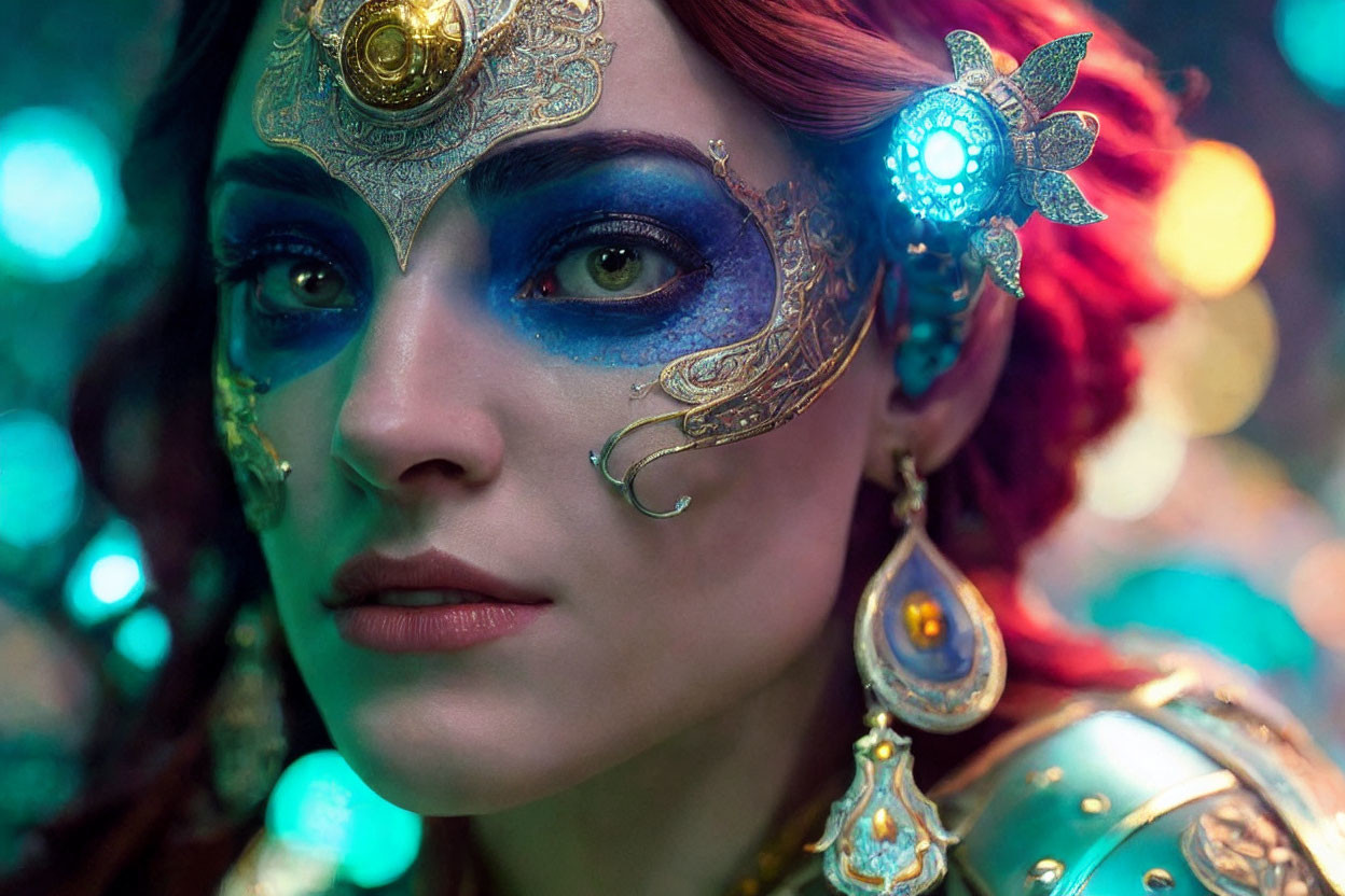 Woman adorned with ornate gold headgear and blue eye makeup in mystical lighting.