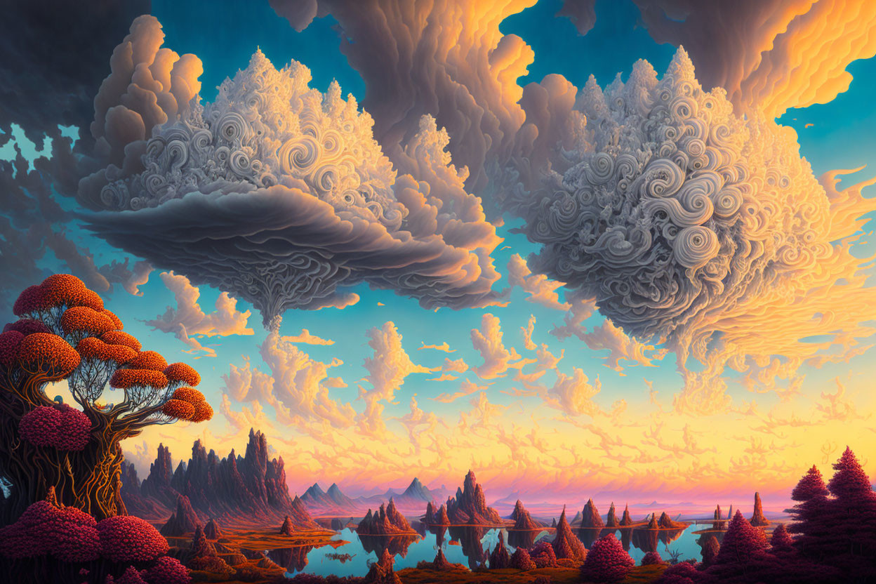 Vivid Orange Skies and Purple Foliage in Fantastical Landscape