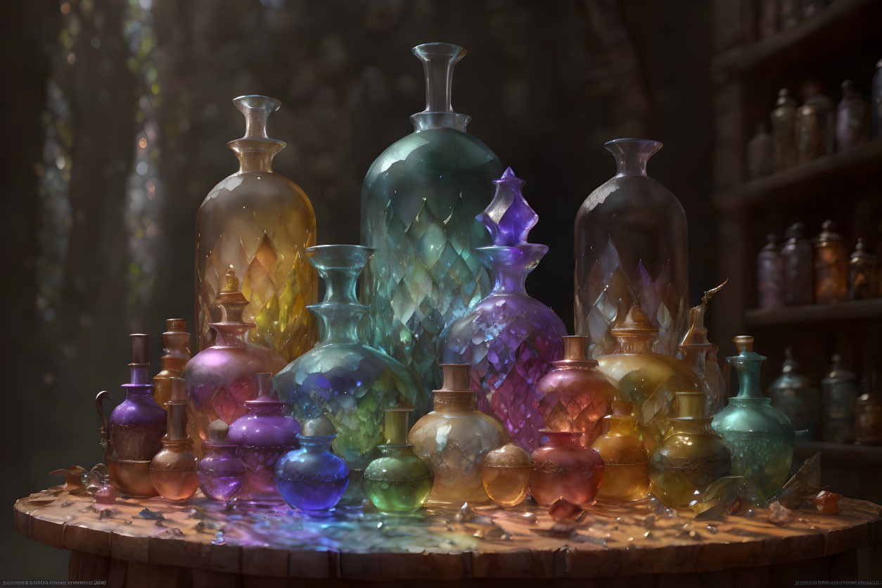 Colorful Glass Potions on Wooden Table with Ambient Light