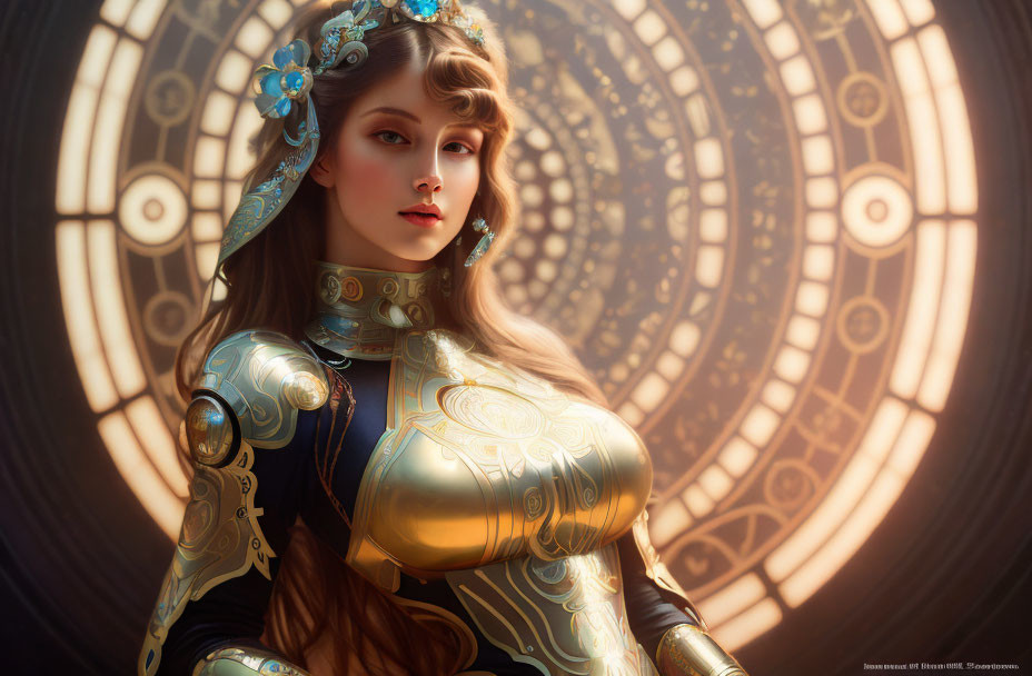 Golden armored woman with blue gem accents in intricate circular setting