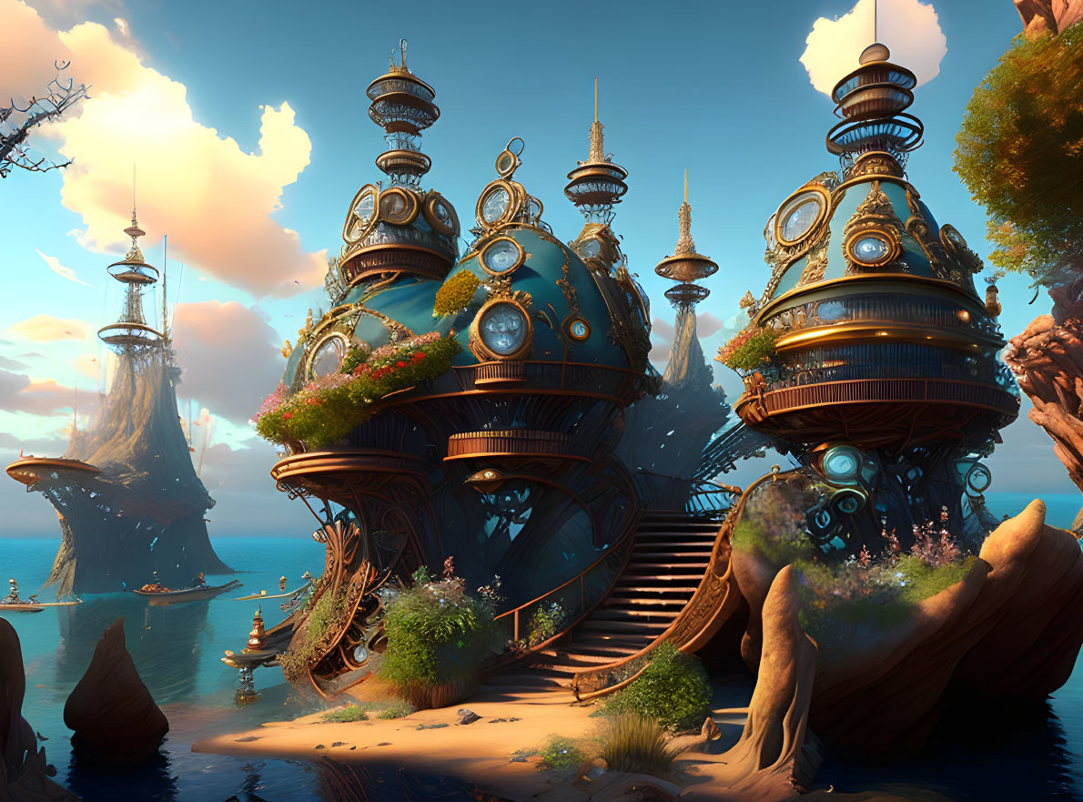 Fantastical steampunk-style landscape with ornate buildings on rocky outcrops