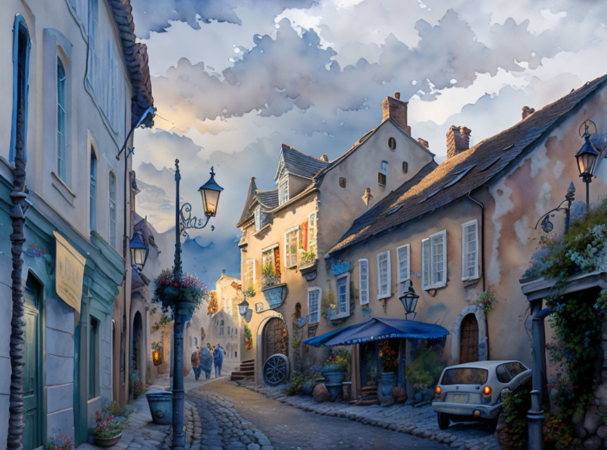 Traditional village street with cobblestones, flower baskets, and street lamps