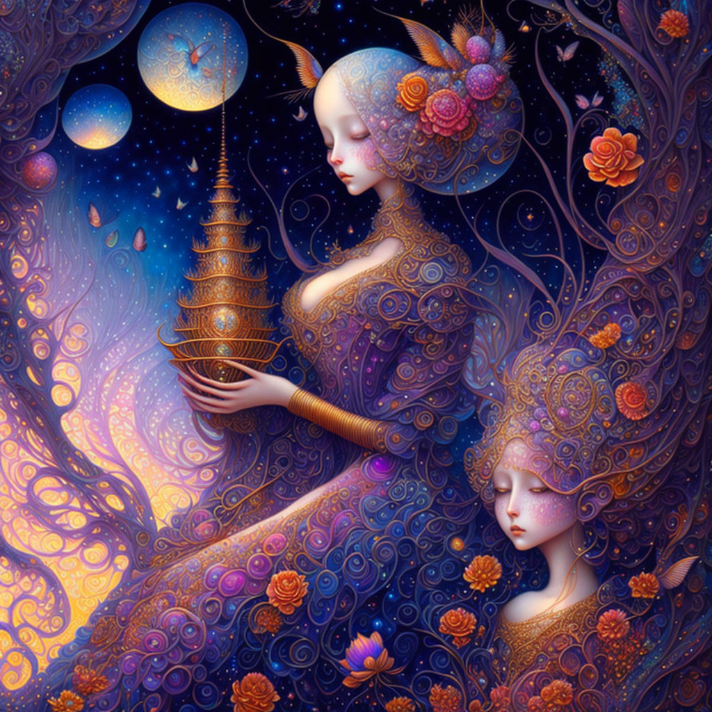 Ethereal illustration of two figures in ornate designs under a mystical night sky.