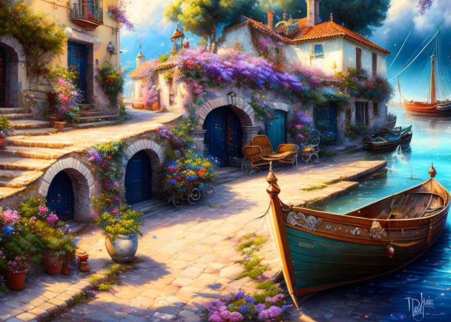 Scenic waterfront with boat, cobblestone path, plants, houses & blue sky