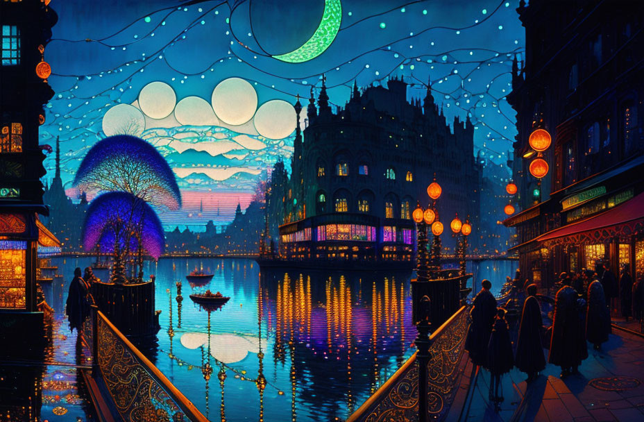 Colorful Night Scene: River, Illuminated Buildings, Glowing Orbs, Bridge Stroll